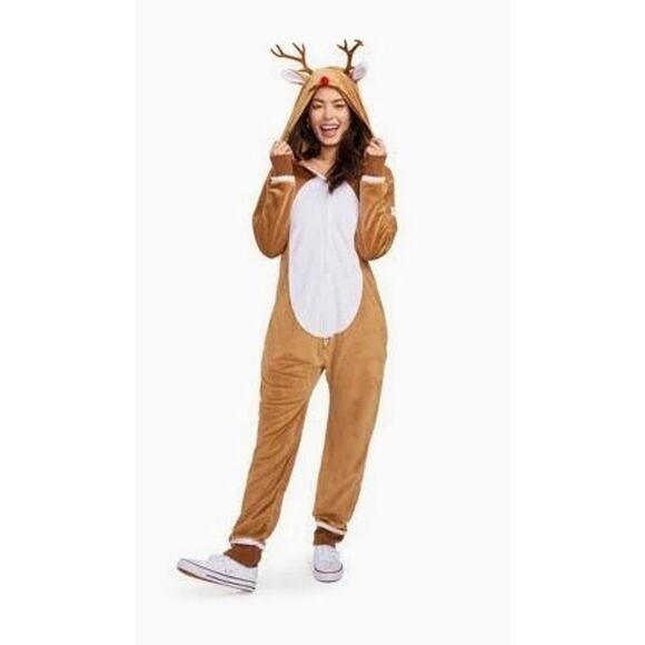 Tipsy Elves Unisex Red Nose Reindeer Costume Hoody with Antlers Onesie Size XL - Picture 1 of 4